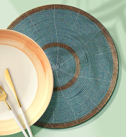Glitz Handmade Beaded Charger Placemats- Set of 4 Handmade Beaded Placemats- Everyday Dining Essentials for Halloween, Harvest, Autumn, Fall, Holidays, Christmas - 13 Inch Round, Teal Antique Gold