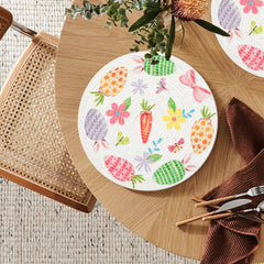 Round Braided Placemats Set of 4 Easter White Green Red Multi, Carrot and Egg Design Round Placemats for Dining Tables Kitchen Decoration 13 inch Round Table Mats -  (50% Cotton & 50% Polyester)