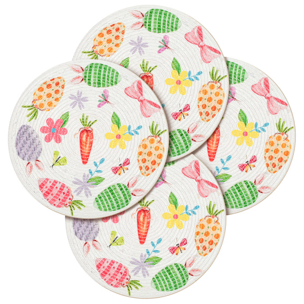 Round Braided Placemats Set of 4 Easter White Green Red Multi, Carrot and Egg Design Round Placemats for Dining Tables Kitchen Decoration 13 inch Round Table Mats -  (50% Cotton & 50% Polyester)