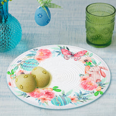 Round Braided Placemats Set of 4 Easter White Yellow Pink Multi, Rabbit Flower Round Placemats for Dining Tables Kitchen Decoration 13 inch Round Table Mats - (50% Cotton & 50% Polyester)