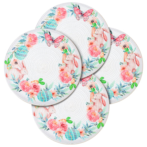 Round Braided Placemats Set of 4 Easter White Yellow Pink Multi, Rabbit Flower Round Placemats for Dining Tables Kitchen Decoration 13 inch Round Table Mats - (50% Cotton & 50% Polyester)