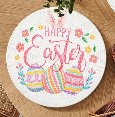 Round Braided Placemats Set of 4 Easter White Red Green Multi, Happy Easter Round Placemats for Dining Tables Kitchen Decoration 13 inch Round Table Mats -  (50% Cotton & 50% Polyester)