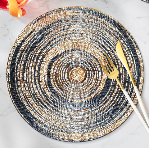 Glitz Handmade Beaded Charger Placemats - Set of 4 Handmade Beaded Placemats - Everyday Dining Essentials for Halloween, Harvest, Autumn, Fall, Holidays, Christmas- 13 Inch Round, White Gold Charcoal