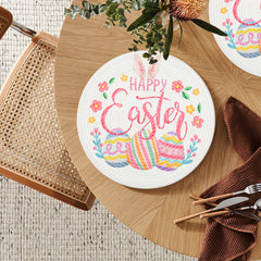 Round Braided Placemats Set of 4 Easter White Red Green Multi, Happy Easter Round Placemats for Dining Tables Kitchen Decoration 13 inch Round Table Mats -  (50% Cotton & 50% Polyester)