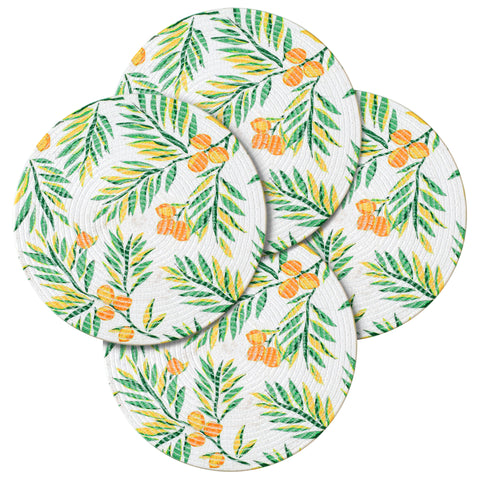 Round Braided Placemats Set of 4 Easter White Green Multi, Leaf Design Print Round Placemats for Dining Tables Kitchen Decoration 13 inch Round Table Mats -  (50% Cotton & 50% Polyester)