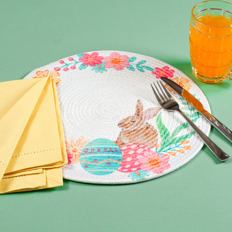 Round Braided Placemats Set of 4 Easter White Yellow Pink Multi, Rabbit Flower Round Placemats for Dining Tables Kitchen Decoration 13 inch Round Table Mats - (50% Cotton & 50% Polyester)