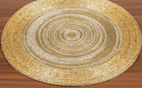 Farmhouse Beaded Placemat, Beaded Placemat Gold Neutral 13" Round Set of 4 , Round Hand Beaded Charger Placemat - Hand Made by Skilled artisans - A Beautiful complement to Your Table décor